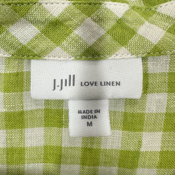 J. Jill Love Linen Lime Green Gingham Plaid V Neck Popover Collared Blouse Beach - Picture 7 of 9